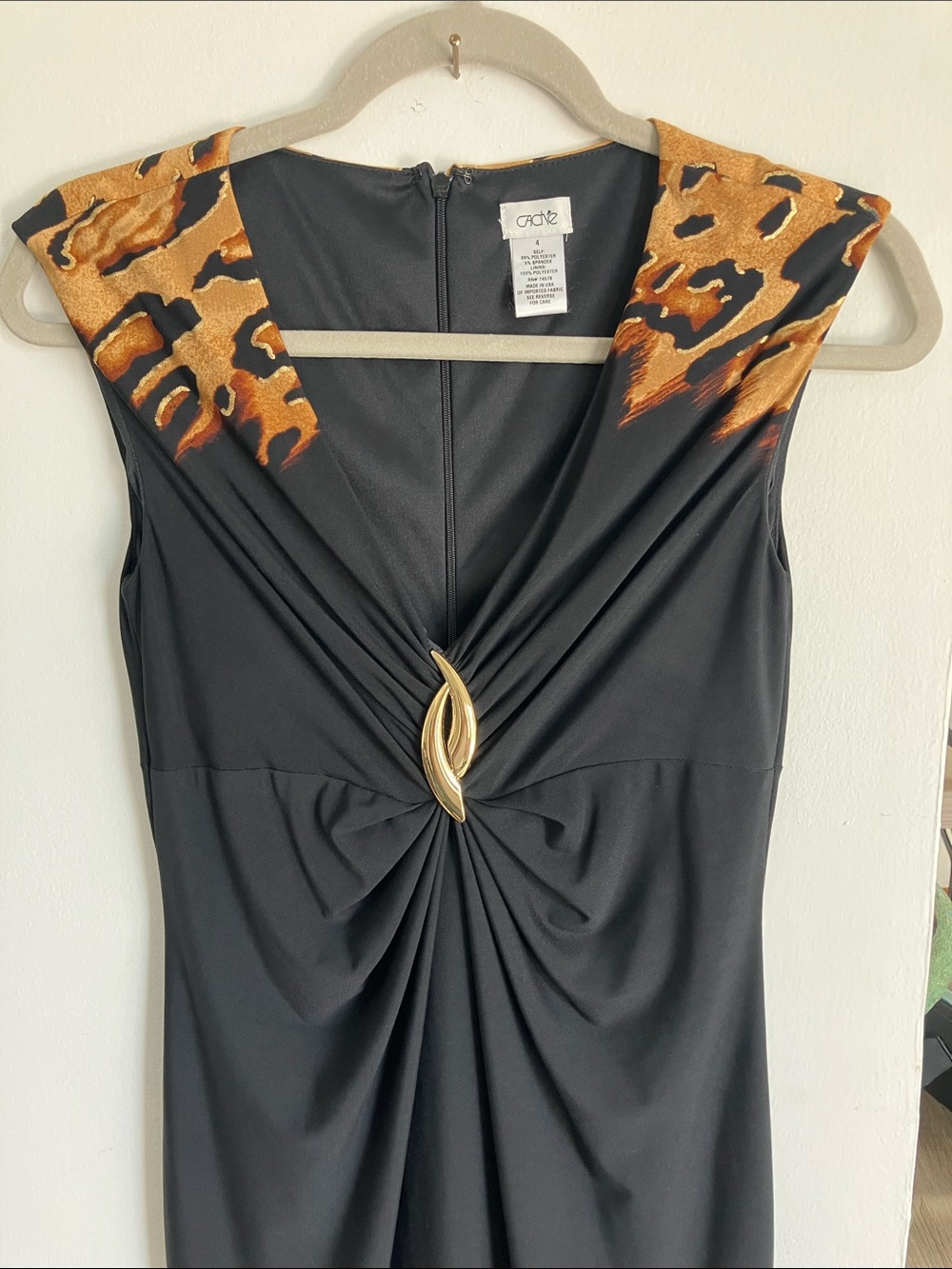 Cache Black Midi Dress with Leopard-Print Shoulders and Gold Accent